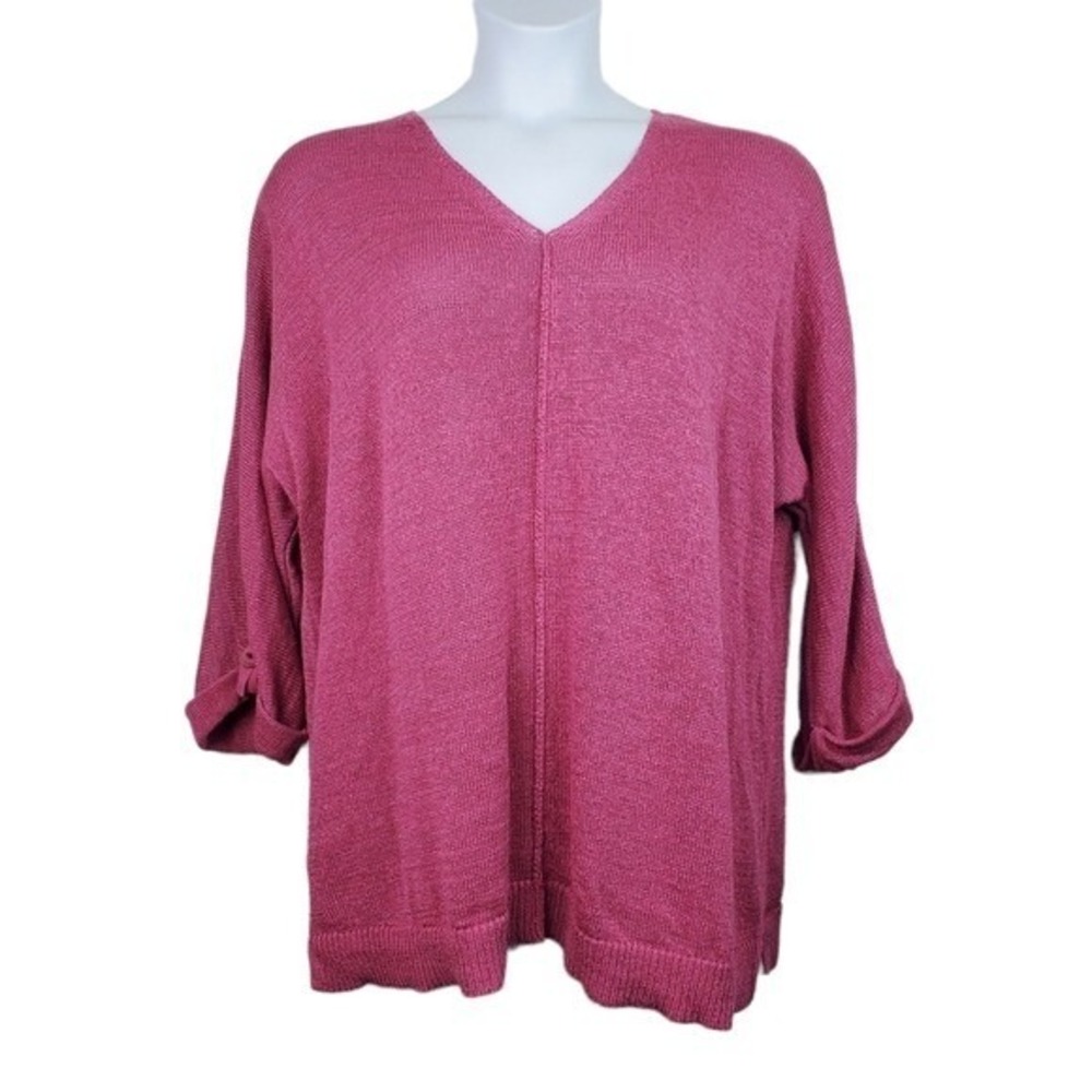 Chico's Womens Rose Pink V-Neck Roll Tab Sleeve Knit Pullover Sweater Size XXL